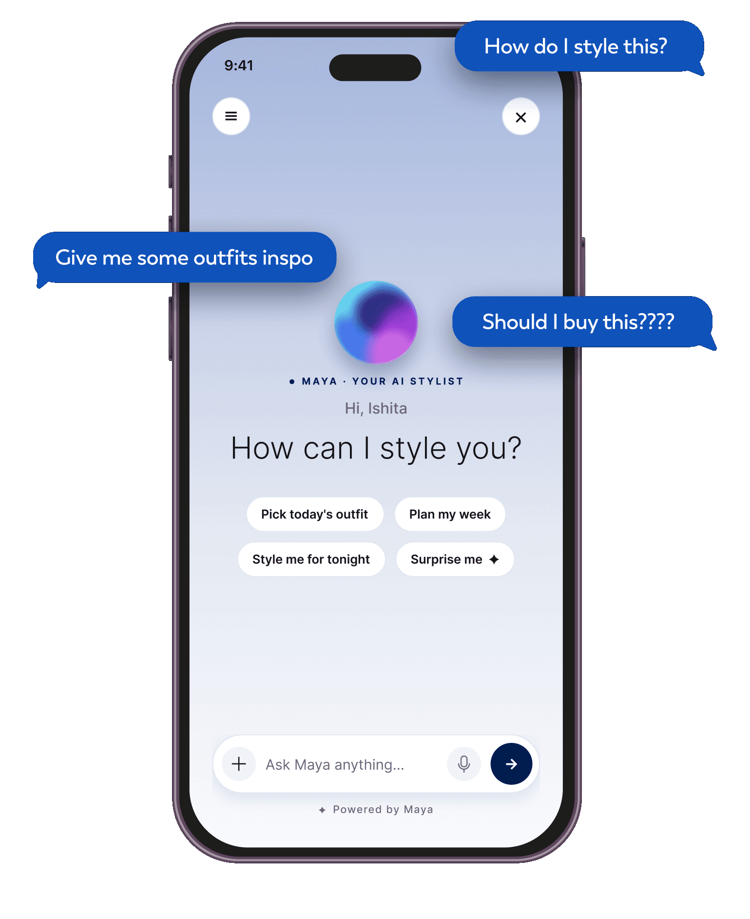 Maya chat interface on a phone suggesting outfits